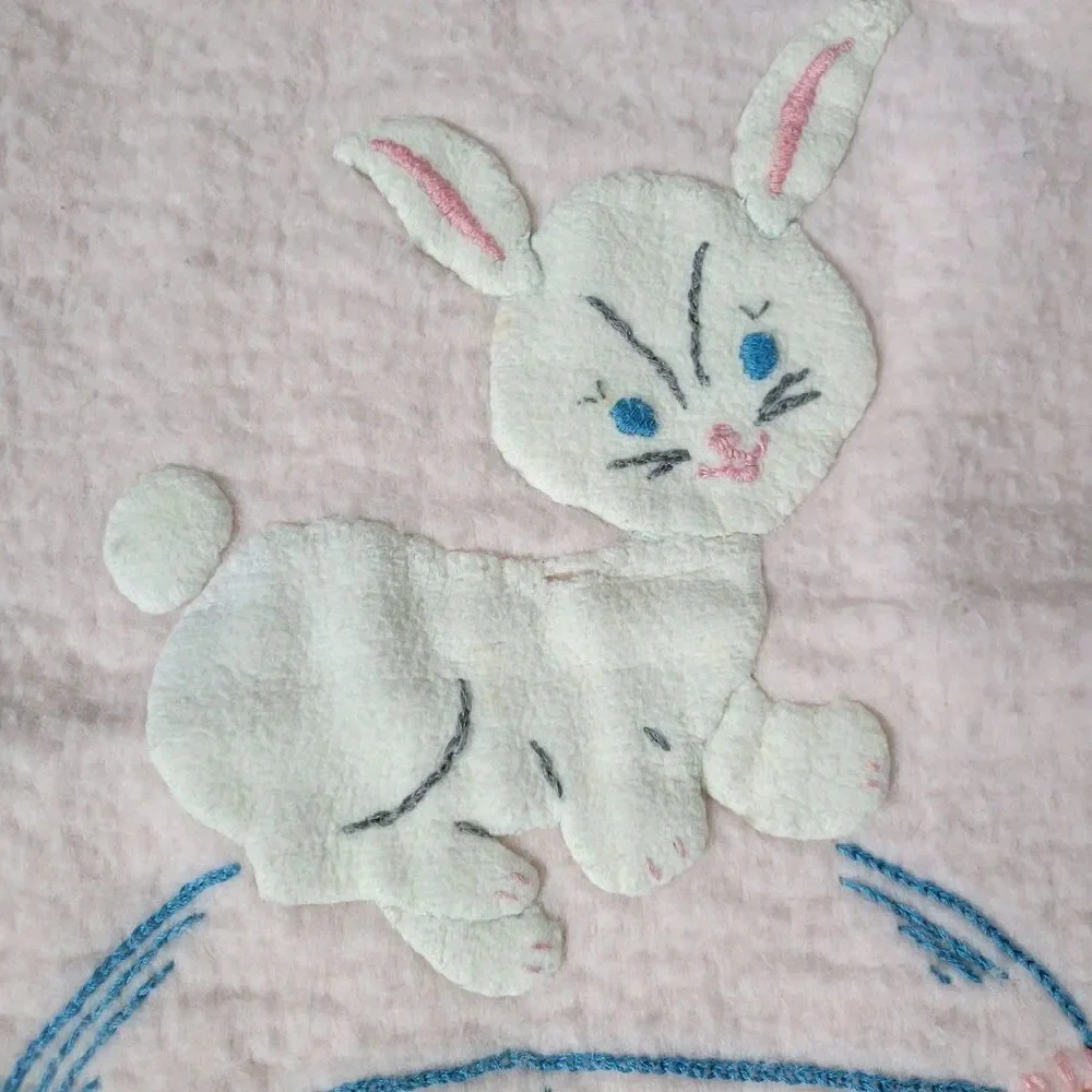 Vintage Pastel Pink Baby Blanket Applique Bunnies Mushroom Bird flower satin tri